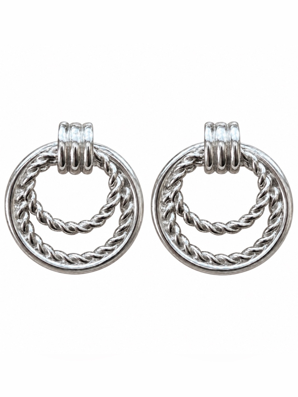 Silver Tone Door Knocker Double Hoop Rope Twist Drop Earrings 1 3/8”